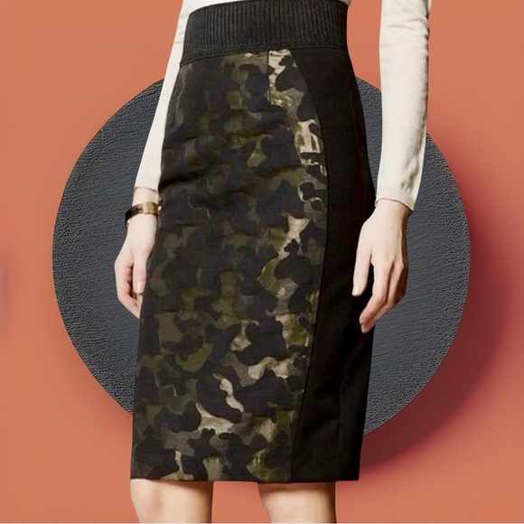 Maeve by Anthropologie Green Metallic Camouflage Jacquard Knit Pencil Skirt 10 - Picture 1 of 16